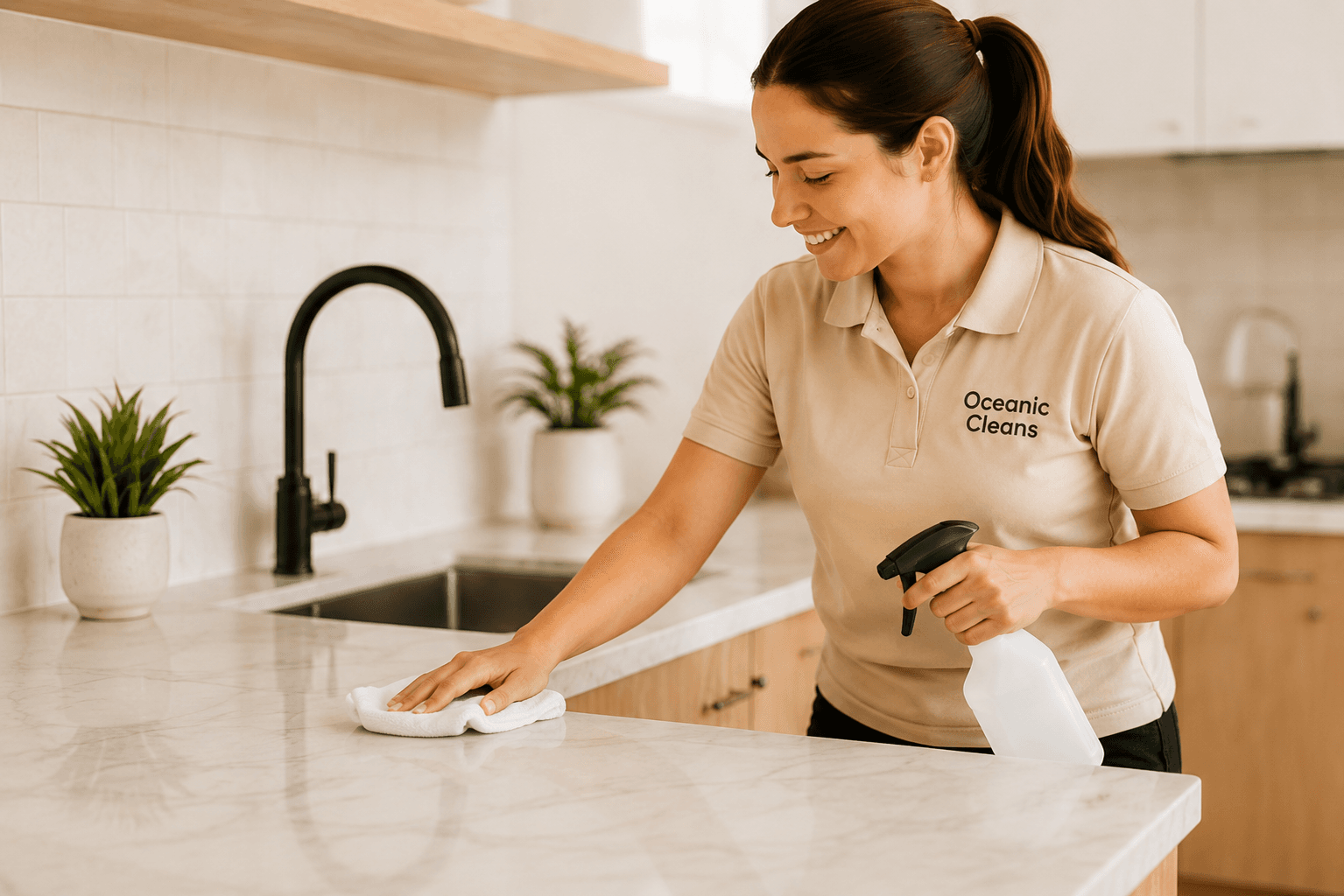 Oceanic Cleans cleaner wiping a kitchen bench