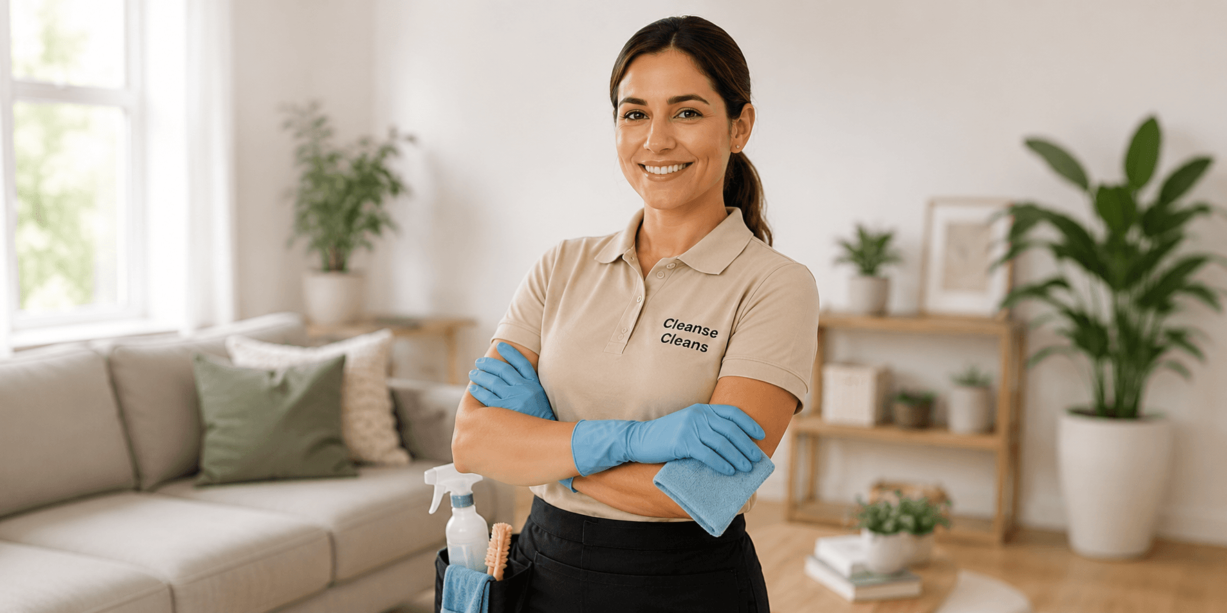 Friendly cleaner helping client